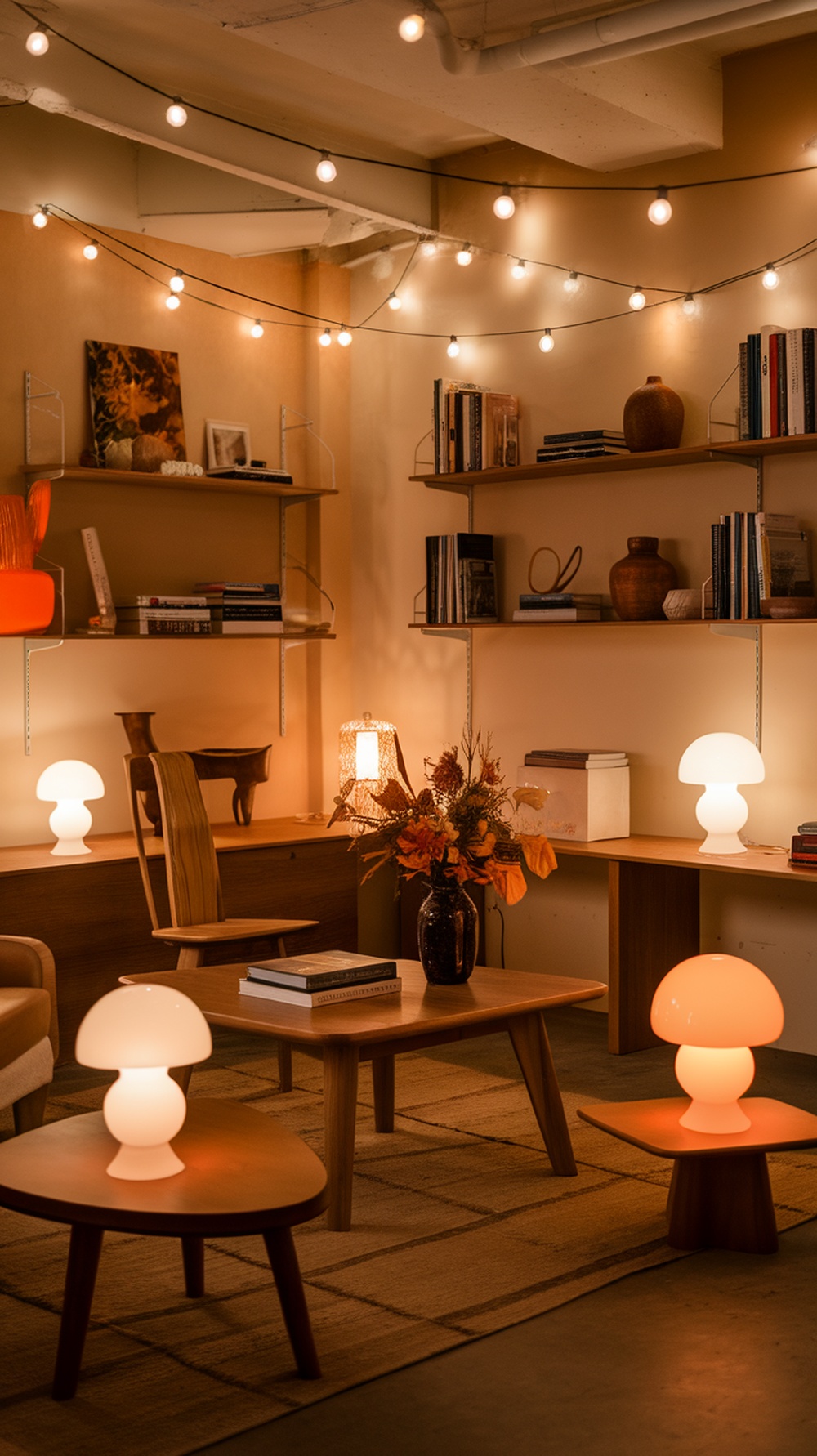 A cozy room with layered lighting, featuring lanterns and string lights, creating a warm atmosphere.