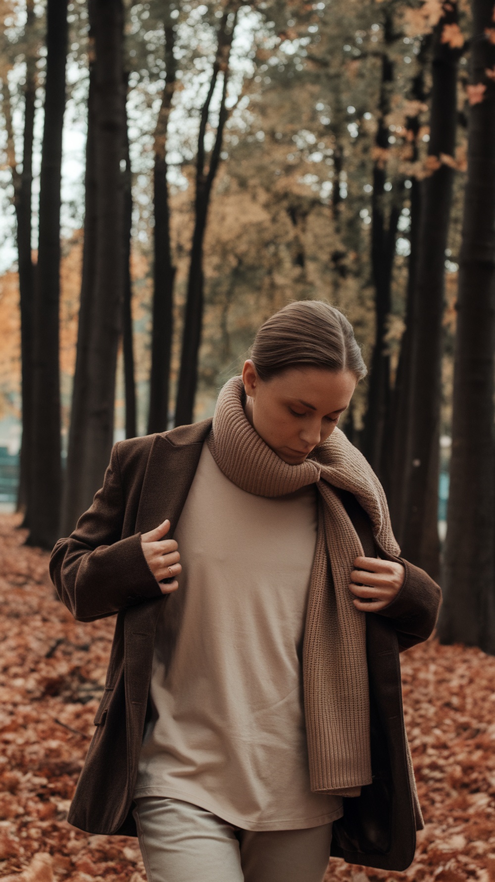 A woman wearing a tee, blazer, and scarf walking in a forest during autumn.