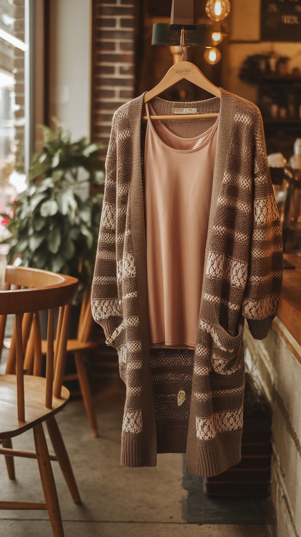 A long cardigan and tank top hanging on a wooden hanger in a cozy cafe setting.