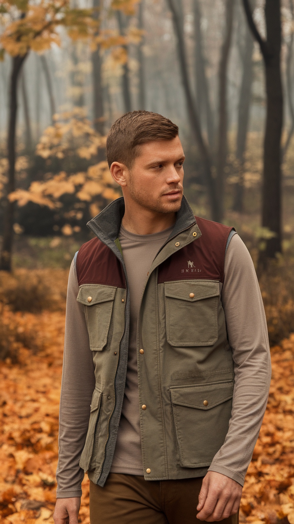A man wearing a long-sleeve shirt and a vest, surrounded by autumn foliage.