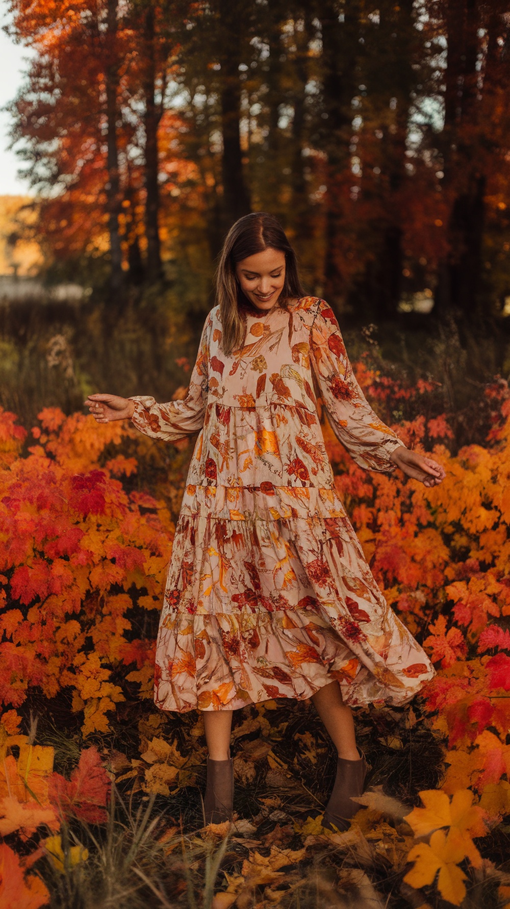 Layered midi dress in warm colors with floral patterns, paired with ankle boots, set against a backdrop of autumn leaves.
