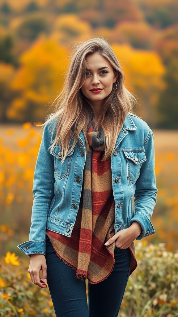 A person wearing a denim jacket, black turtleneck, plaid shirt, and leggings, standing on a path surrounded by autumn trees.