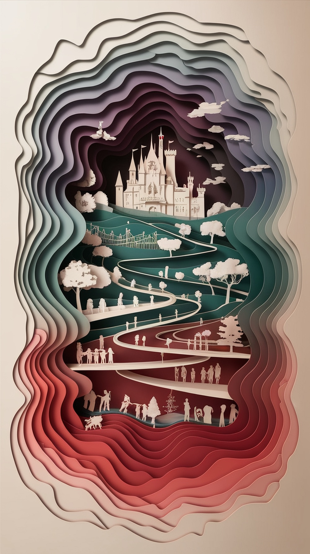 Layered paper cut art featuring a castle, trees, and people in a colorful landscape.