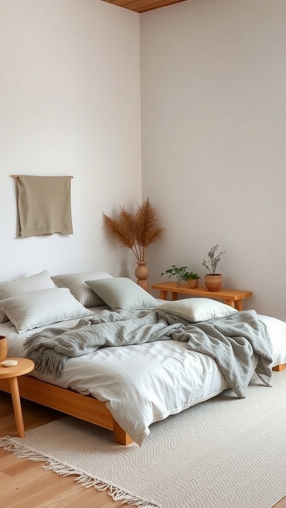 A cozy bedroom featuring layered soft textiles with neutral tones.