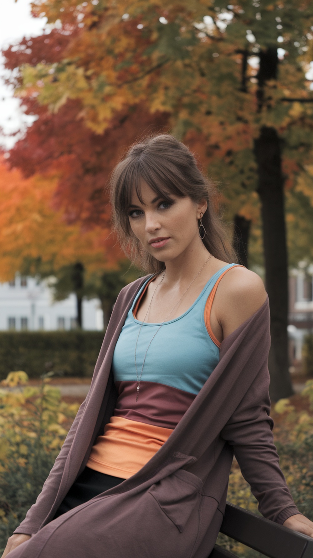 A person wearing a layered tank top and long cardigan, sitting on a bench surrounded by autumn trees.