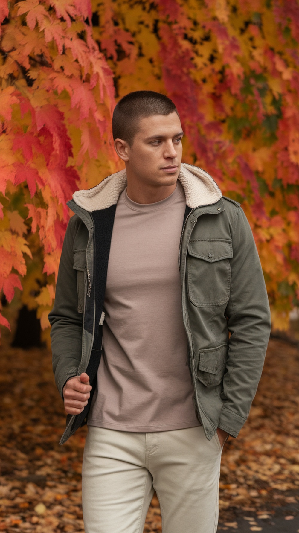 A man wearing a light brown tee and a green jacket, standing in front of colorful autumn leaves.