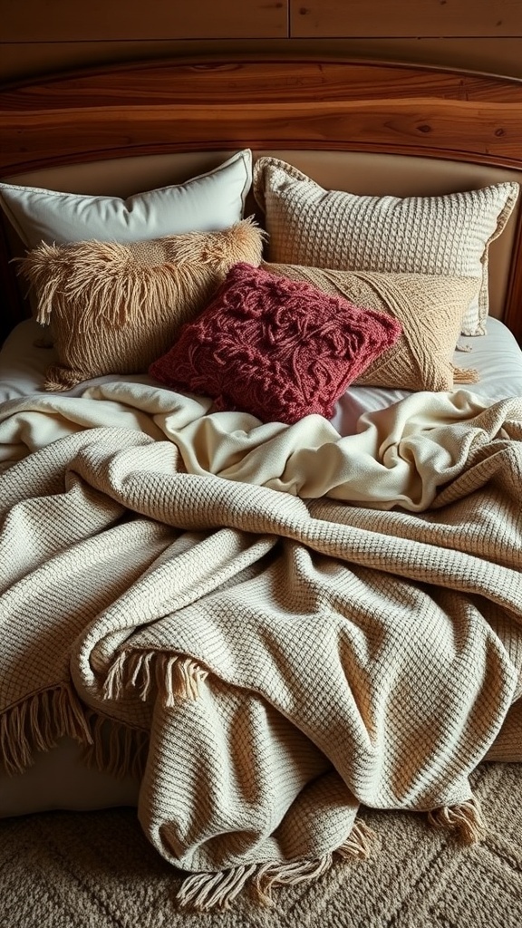 A cozy bedroom with a layered bed featuring soft blankets and pillows in neutral tones.