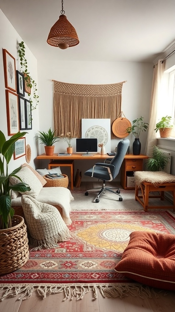 A cozy boho office featuring layered textiles, including cushions and a vibrant rug.