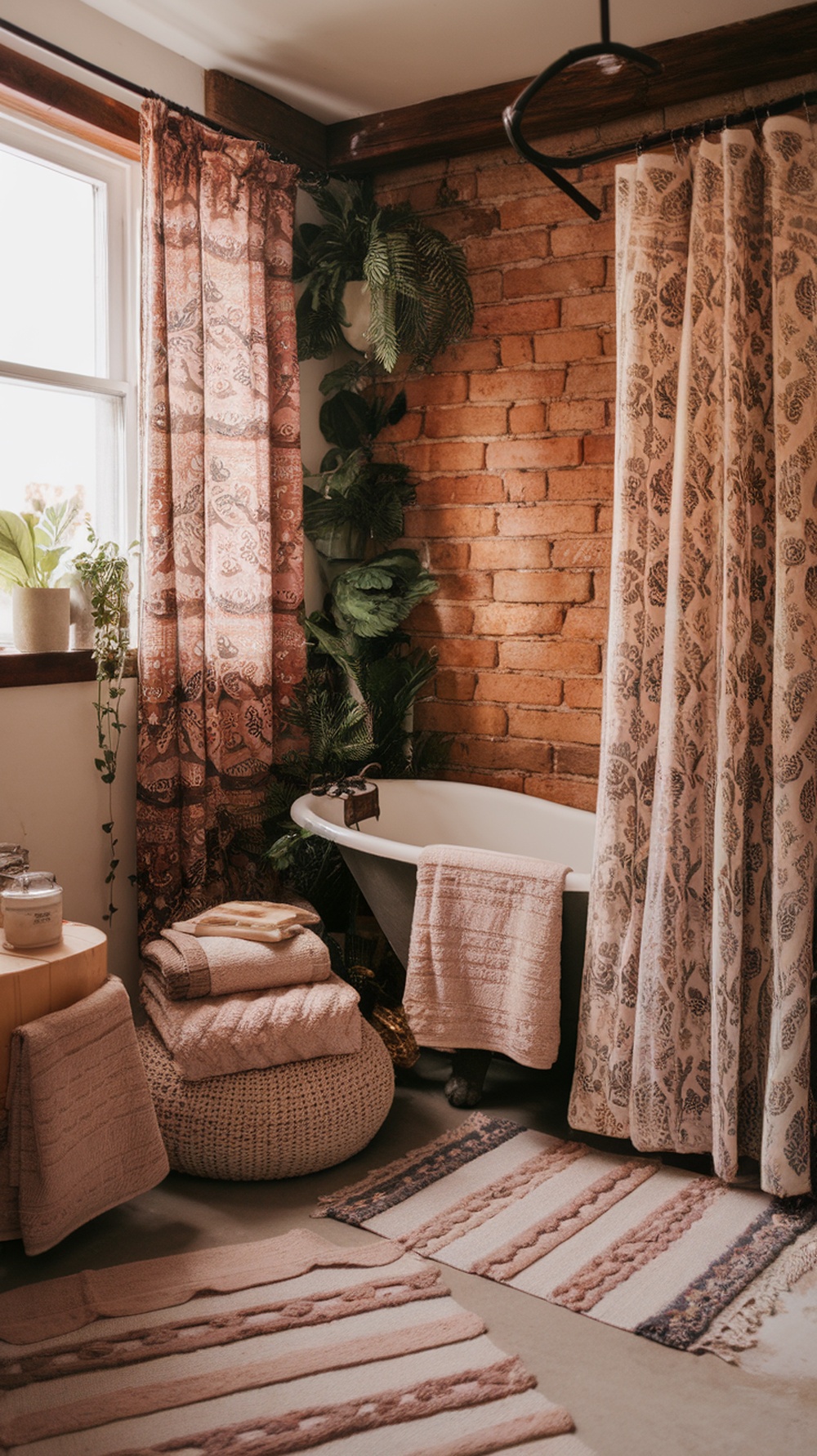 A cozy bathroom with layered textiles, including towels, rugs, and a patterned shower curtain, creating a spa-like atmosphere.