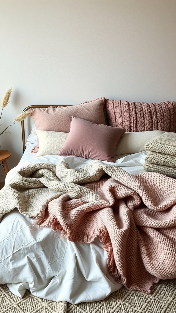 A cozy bed with layered textiles including pillows and blankets in soft pink and neutral tones.