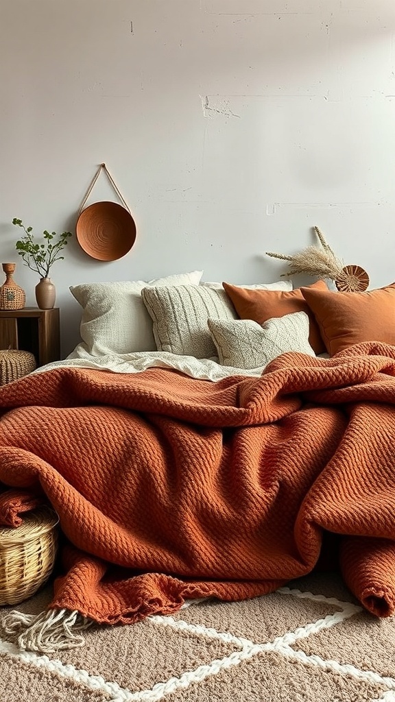 A cozy bedroom scene featuring a layered orange blanket over neutral pillows, with a woven basket and decorative items.