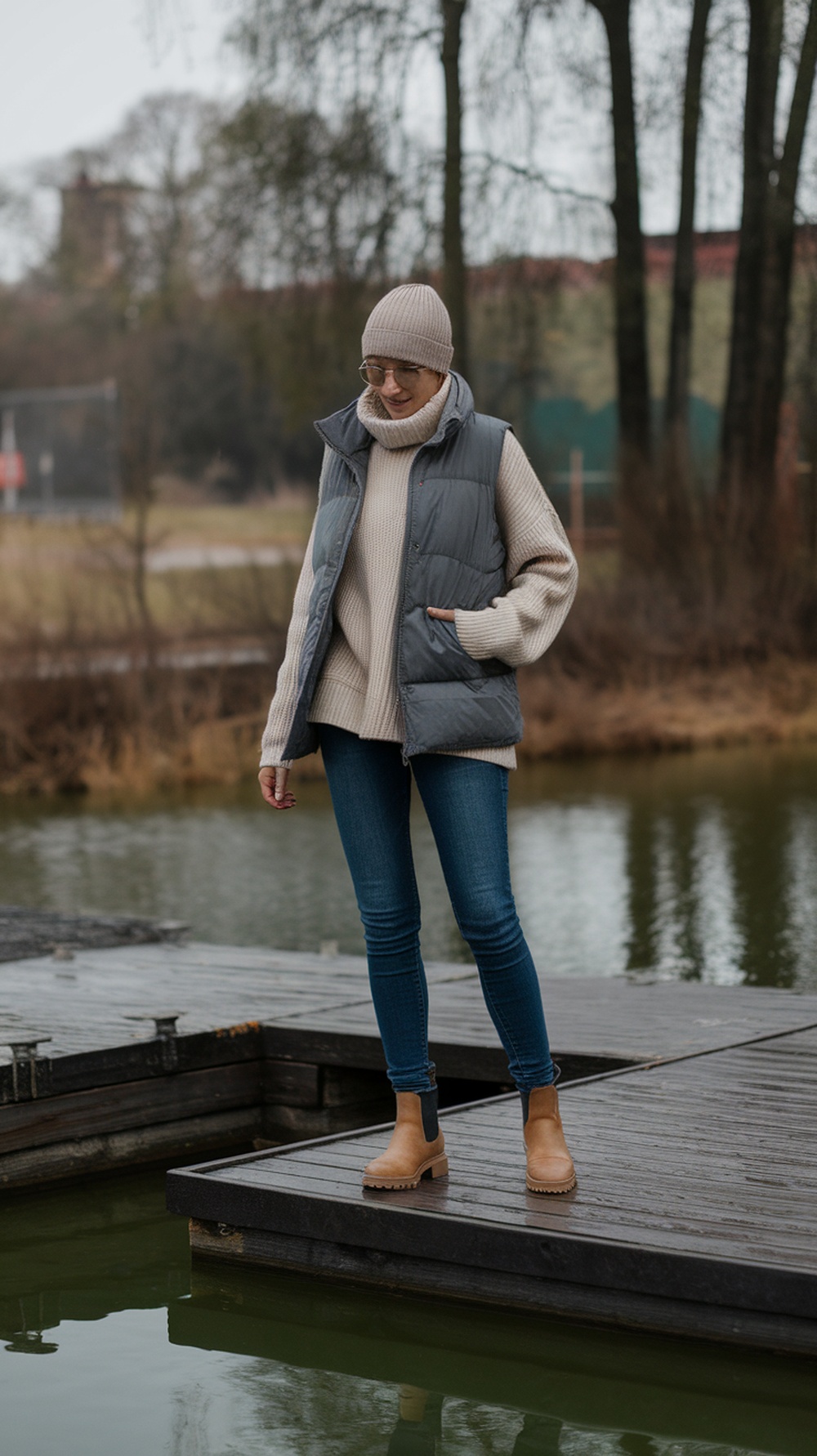 A woman wearing a layered turtleneck with a puffer vest, styled with jeans and ankle boots, standing by a water body.