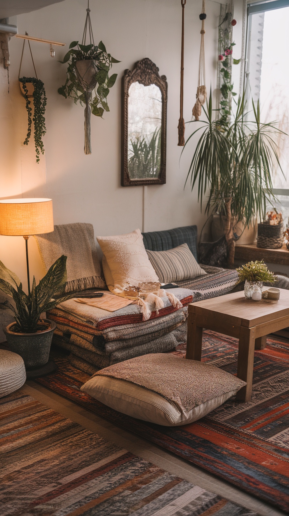 A cozy living space with layered textiles including blankets, pillows, and rugs.