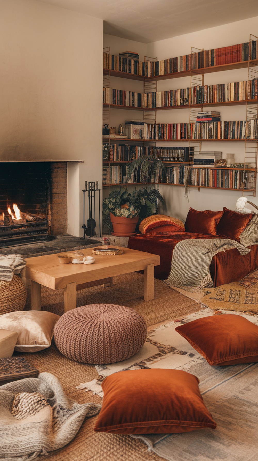 Cozy living room with layered textures including pillows, poufs, and a wooden coffee table.