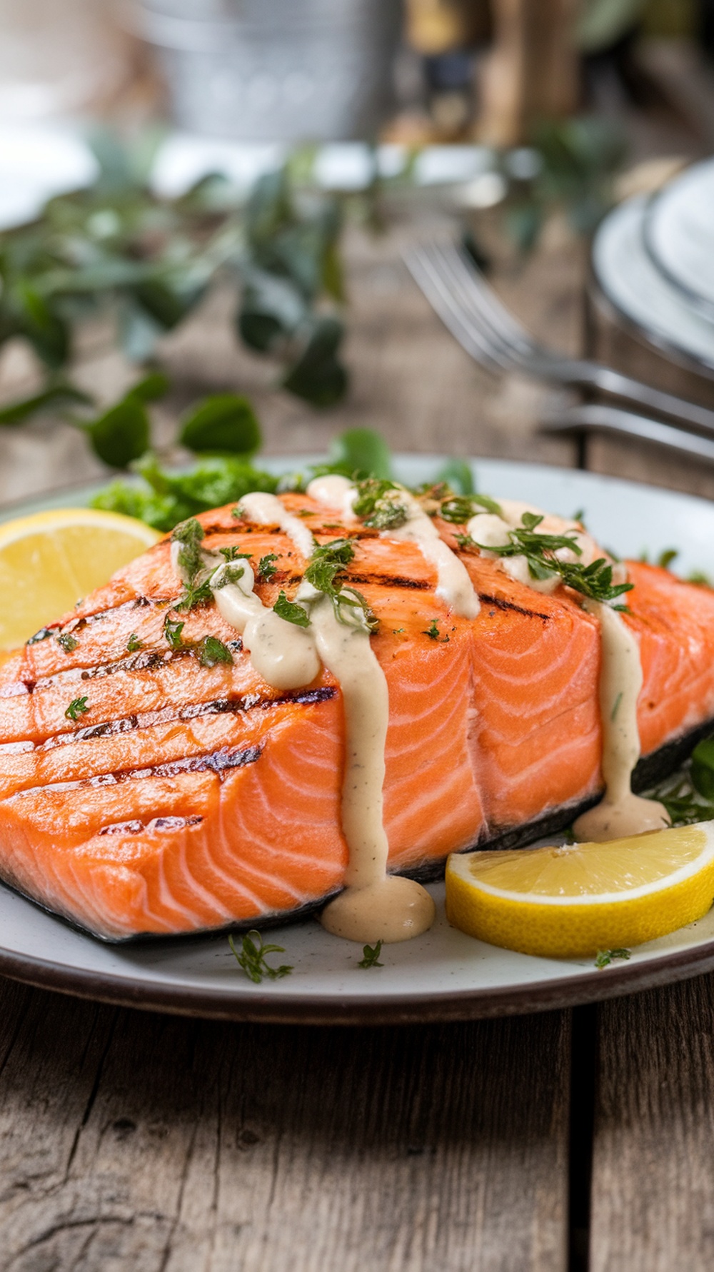 Grilled salmon fillet with lemon slices and herb sauce on a plate