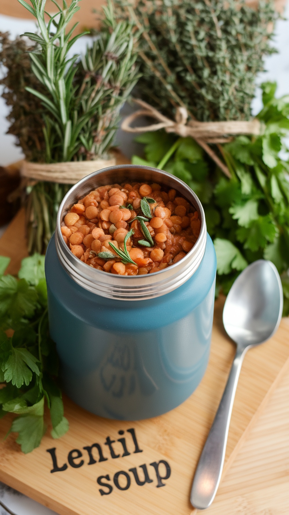 A thermos filled with lentil soup, surrounded by fresh herbs on a wooden board.