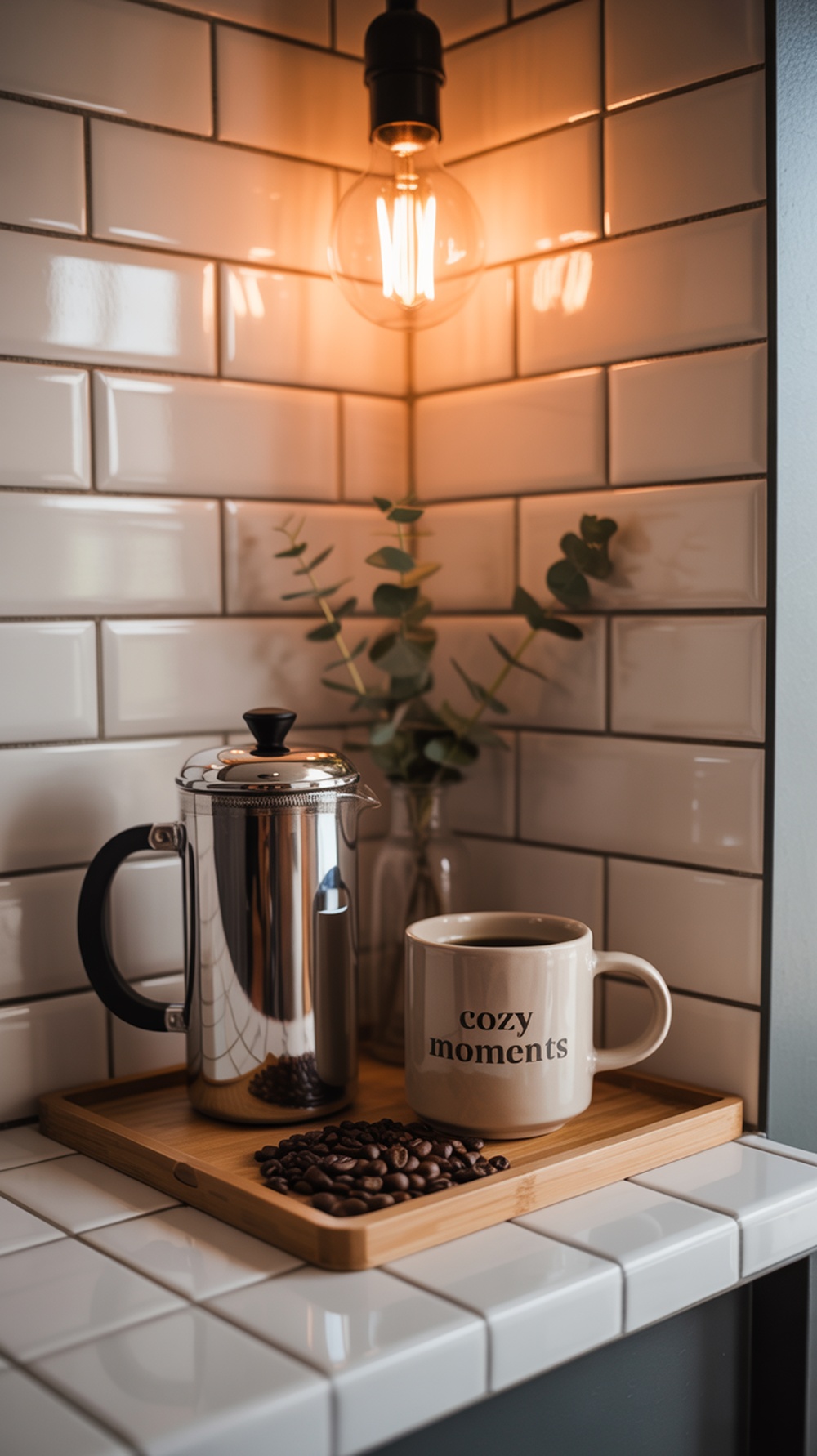 A cozy coffee station with warm lighting, featuring a coffee maker, accessories, and plants.
