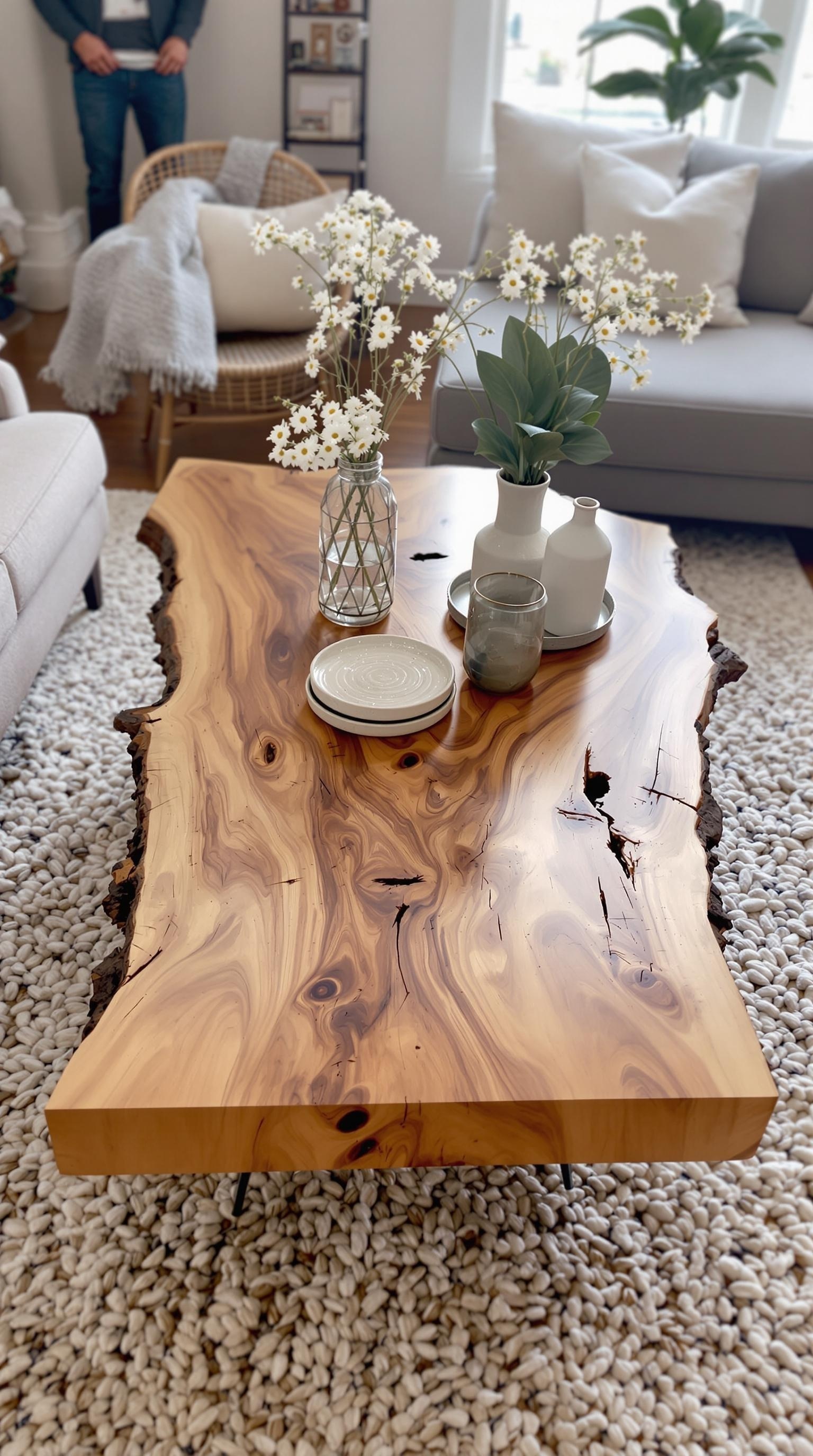 A live edge coffee table with a natural wood finish, featuring decorative items like flowers and plates.
