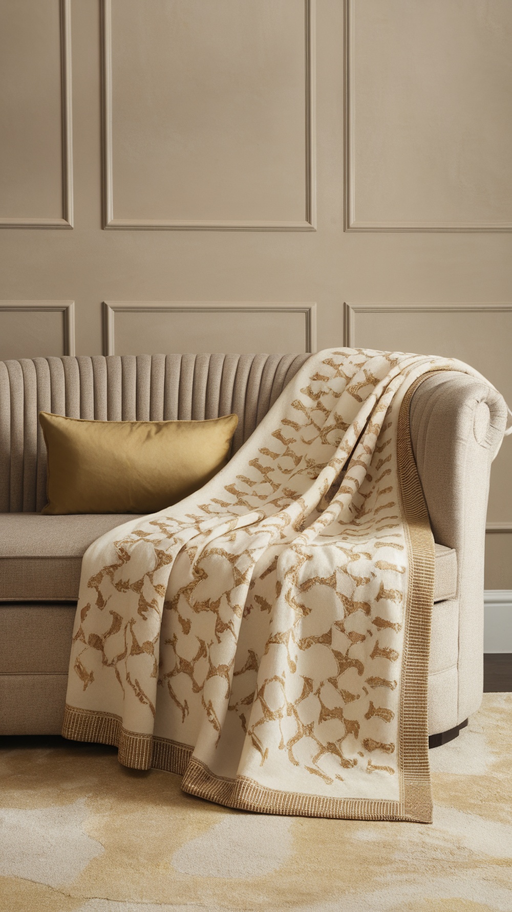 A luxurious throw blanket with a gold pattern draped over a beige sofa, accompanied by a golden cushion.