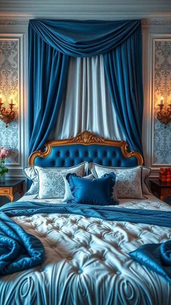 Luxurious blue and white bedroom textiles with a plush bed and elegant decor.