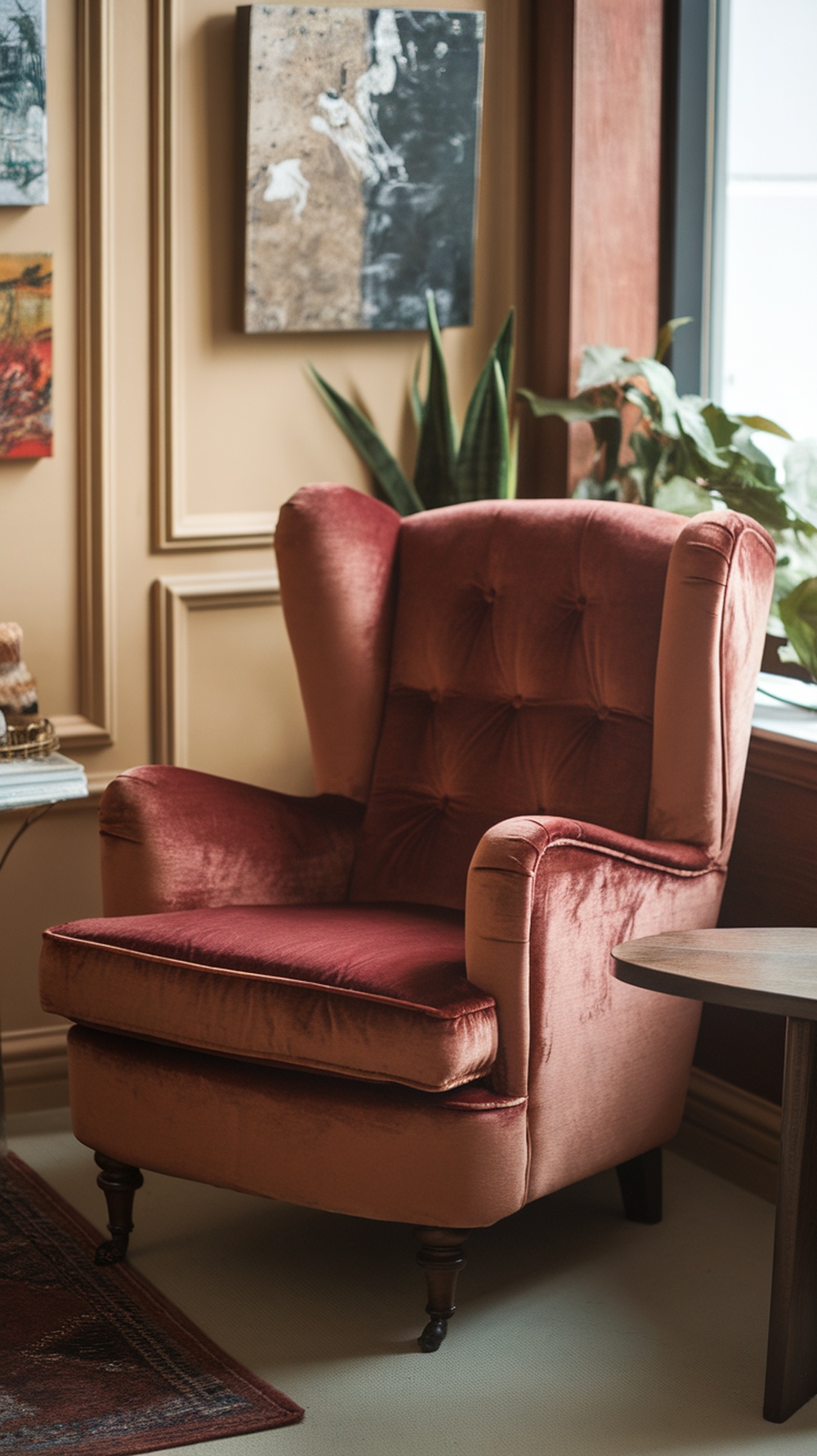 A luxurious velvet armchair in warm tones, featuring tufted upholstery, placed next to a side table in a stylish interior.