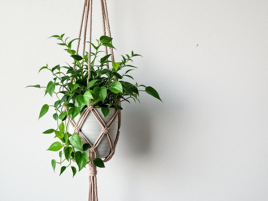 A macrame plant hanger holding a green plant against a white wall.