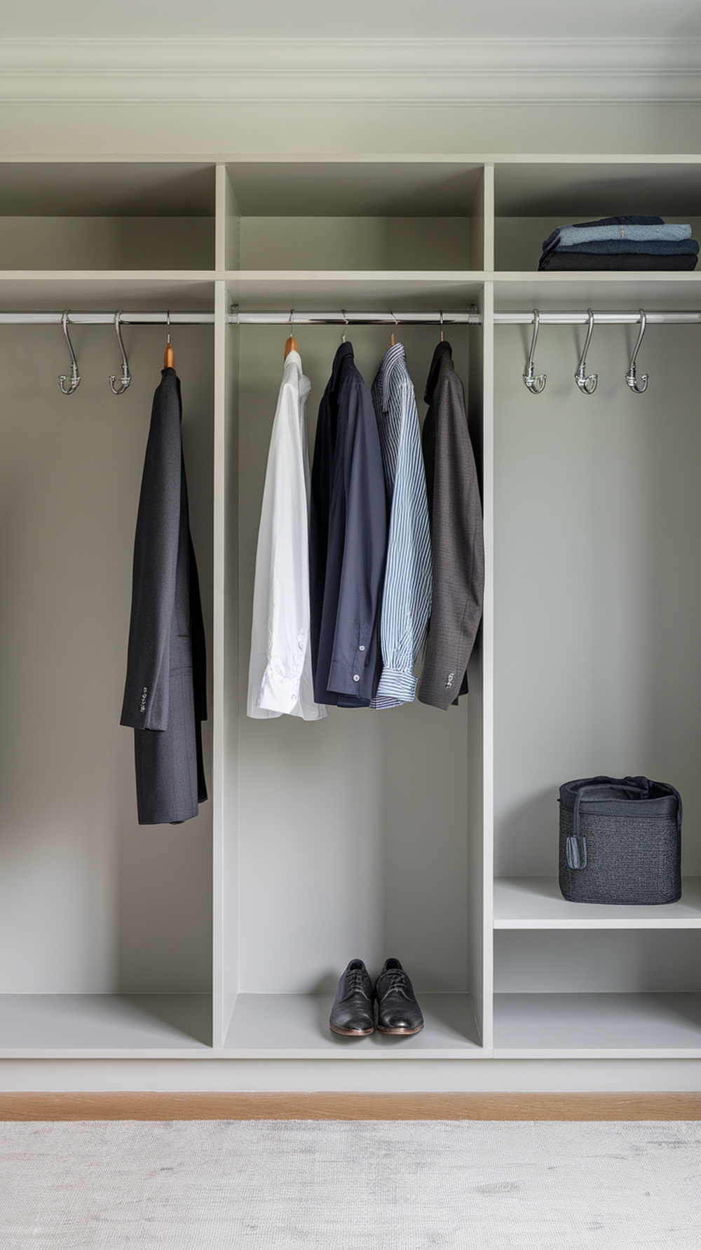 A minimalist closet with white shirts hanging, a black bag on a shelf, and brown shoes on the floor.