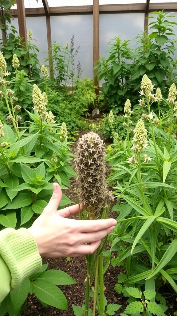 A person holding a bottle of essential oil in a garden with flowers and plants.