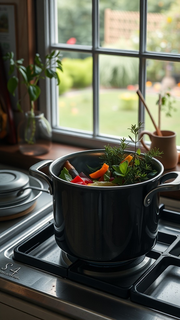 A pot on the stove filled with vegetable scraps and herbs, ready to make broth.