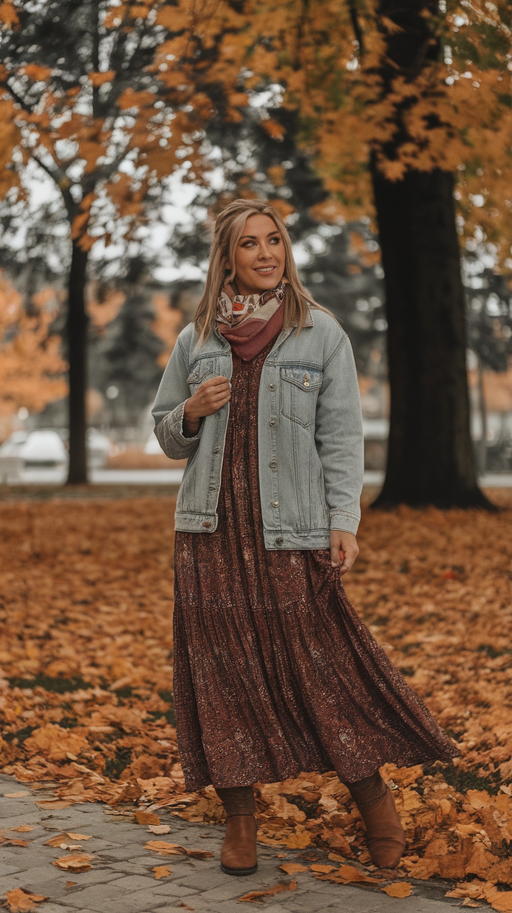 A woman in a maxi dress and denim jacket standing in a park with autumn leaves.