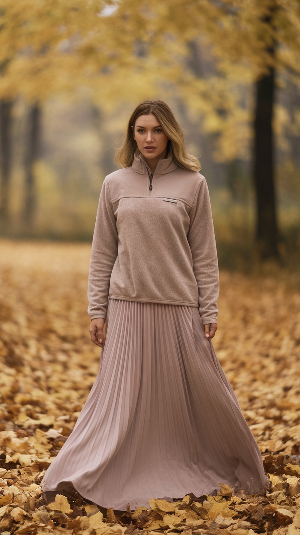 A woman wearing a beige fleece pullover and a pleated maxi skirt, standing on a path covered with autumn leaves.