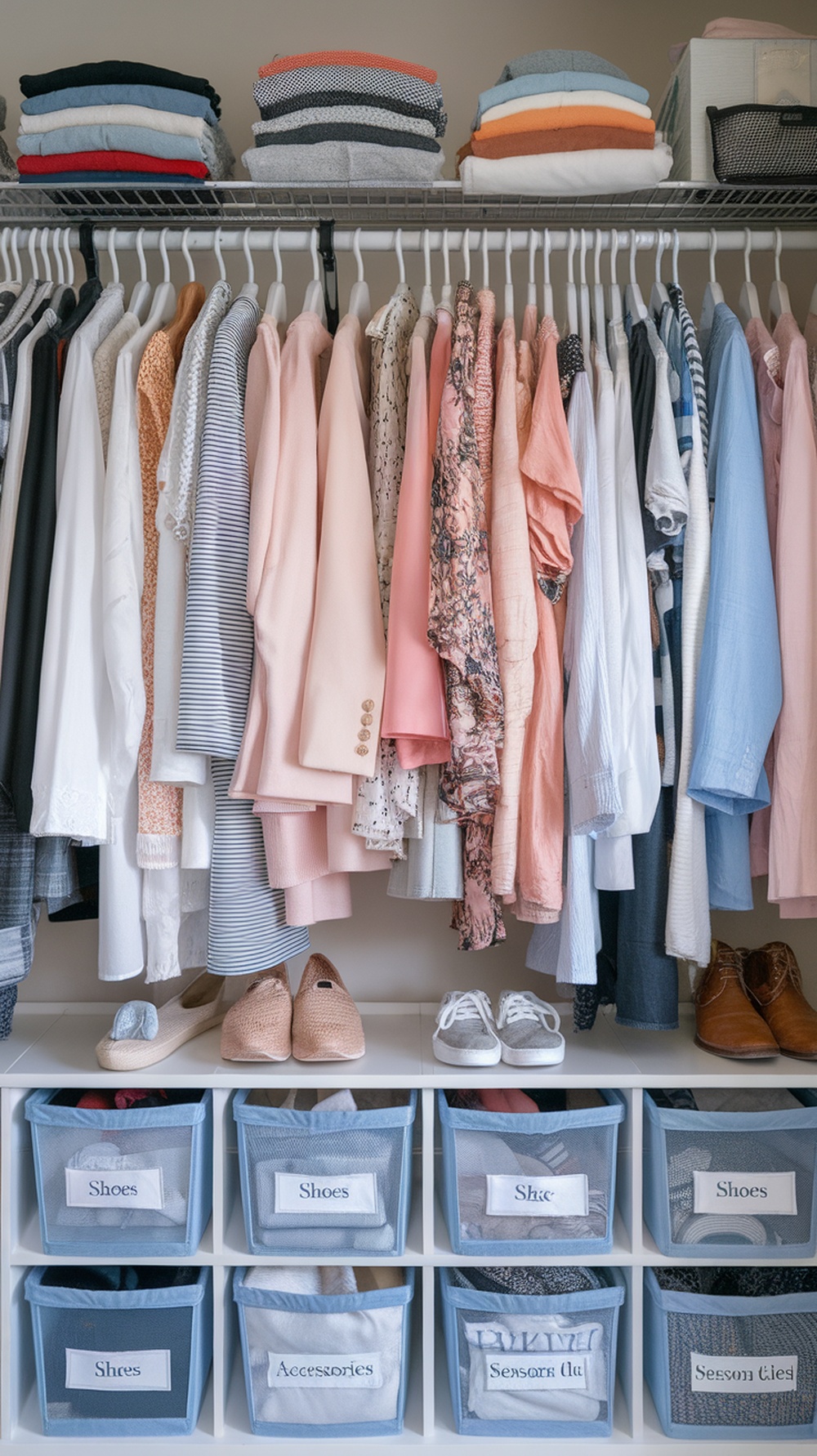 A well-organized closet with neatly folded sweaters on top, colorful hanging clothes, and labeled bins for shoes and accessories.