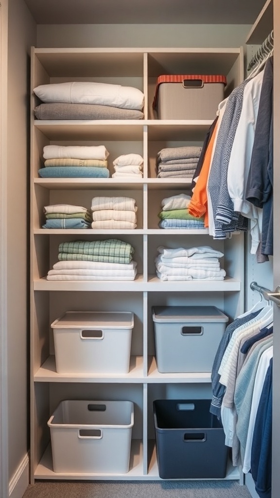 Organized closet with shelving, folded linens, and storage bins