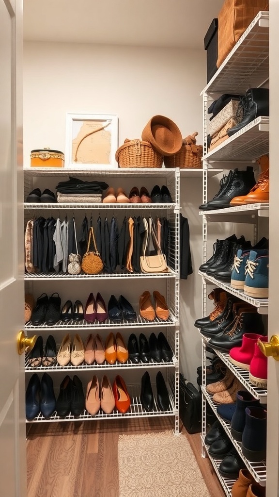 Organized closet with shelves displaying shoes, bags, and clothing.