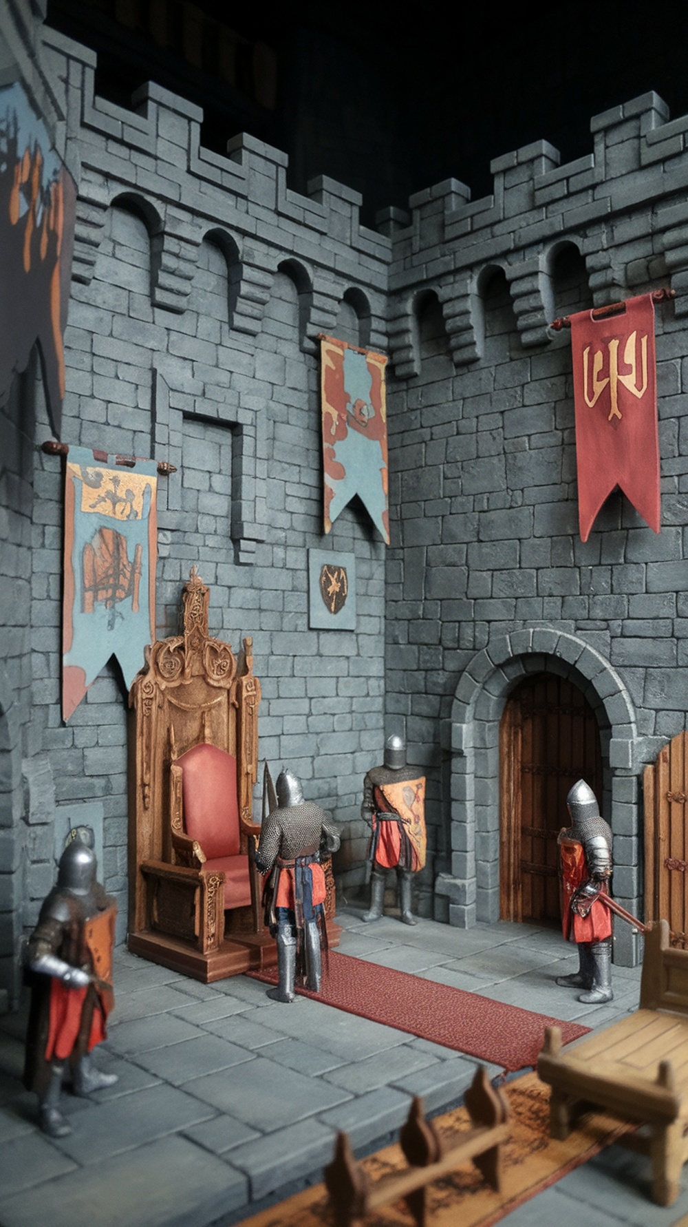 A detailed miniature diorama of a medieval castle interior featuring a throne, knights, and stone walls.
