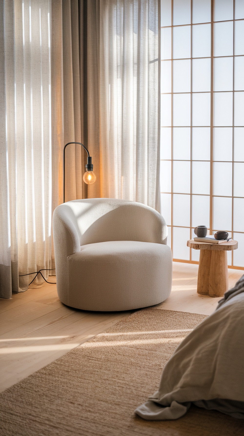 A cozy reading nook in a Japandi style bedroom featuring a chair, books, and soft lighting.