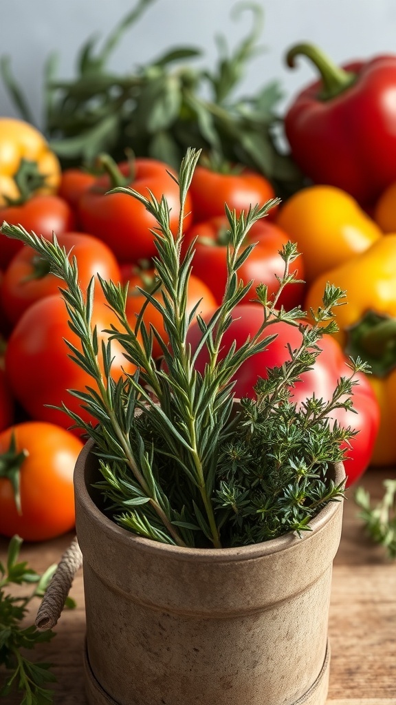 A pot of fresh herbs including rosemary and thyme, with colorful tomatoes and peppers in the background.