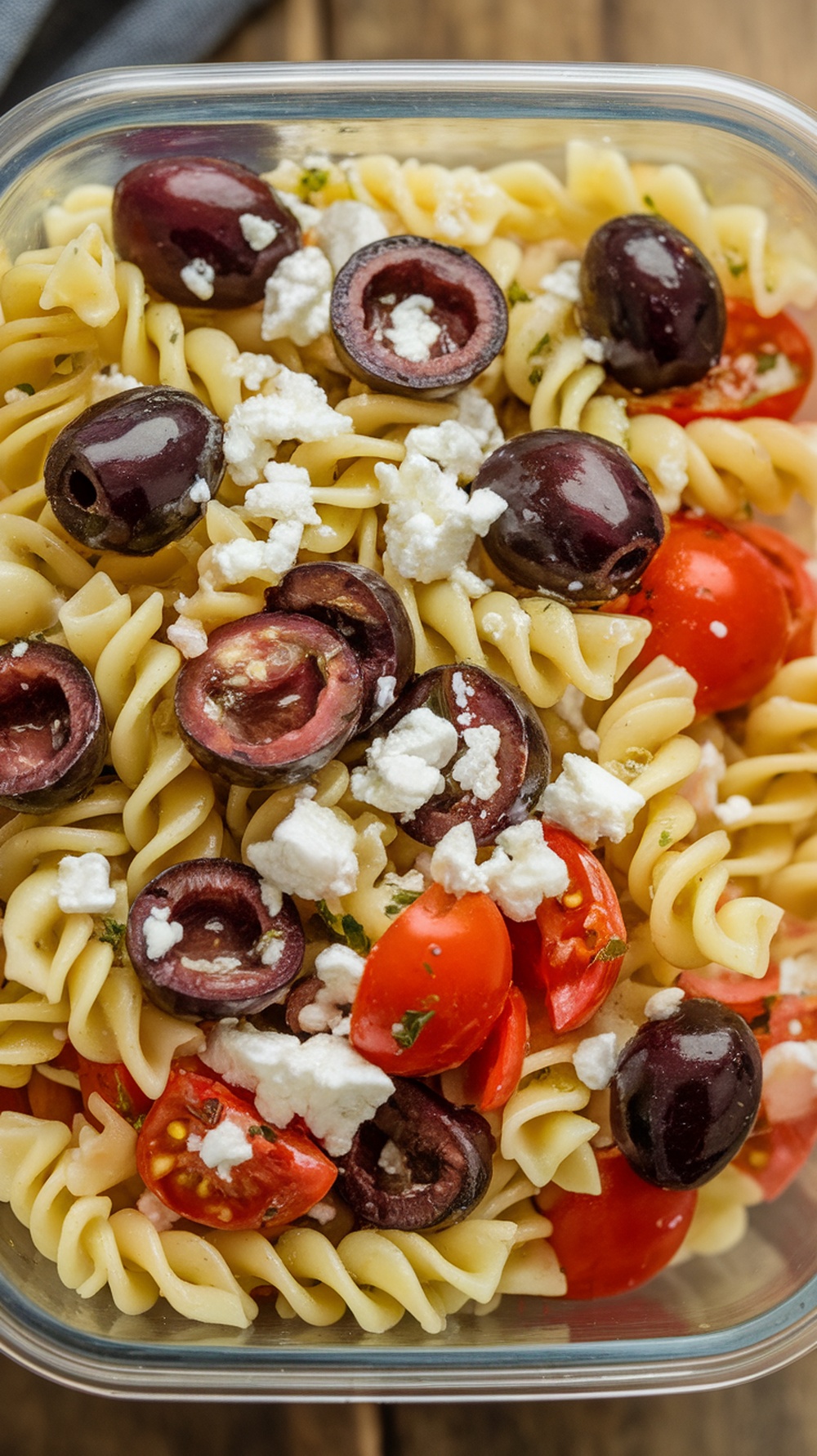A close-up view of Mediterranean Pasta Salad with olives, tomatoes, and feta cheese.
