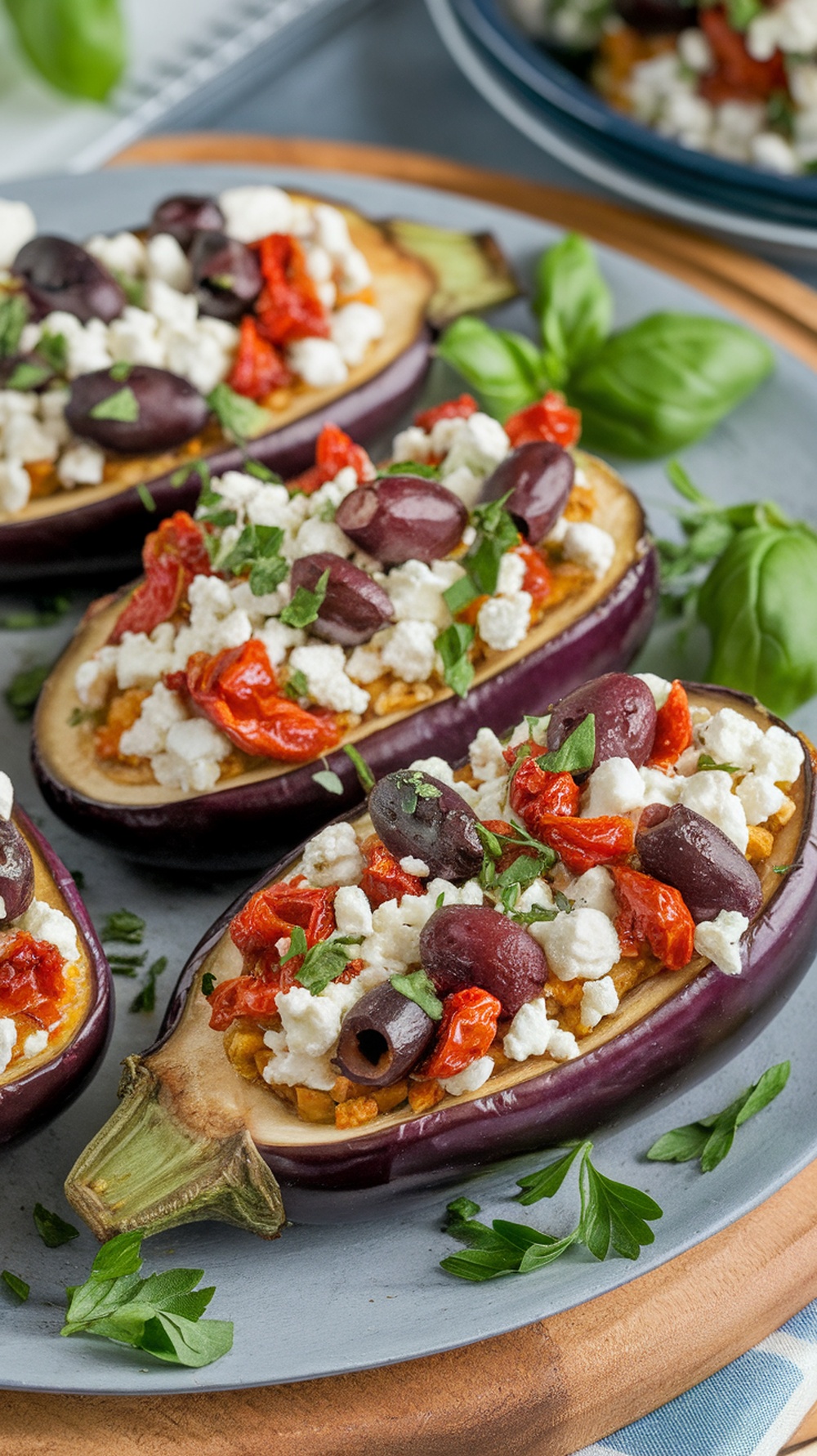 Mediterranean stuffed eggplant with olives, sun-dried tomatoes, and cheese on a plate.