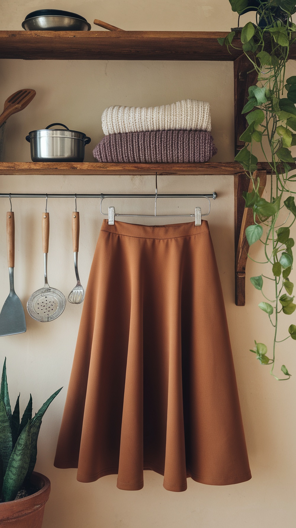 A brown midi skirt hanging in a cozy kitchen setting with knitted sweaters and kitchen utensils.
