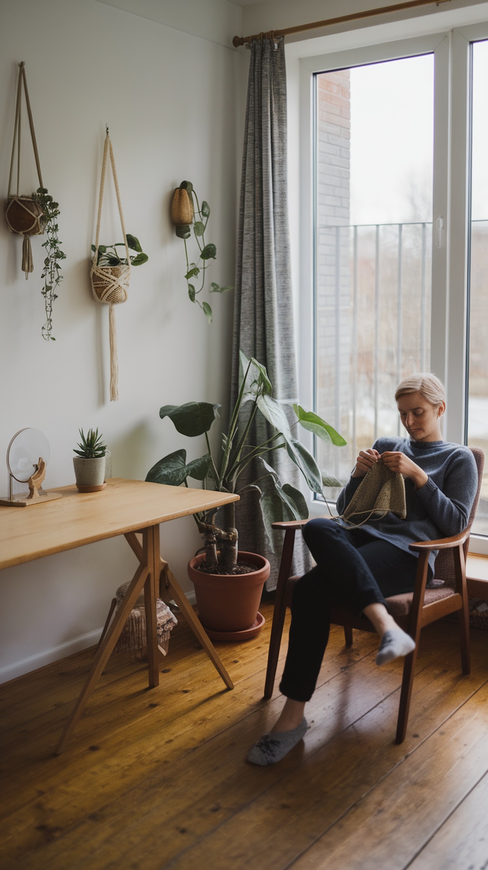 A person knitting in a cozy room with plants and natural light.
