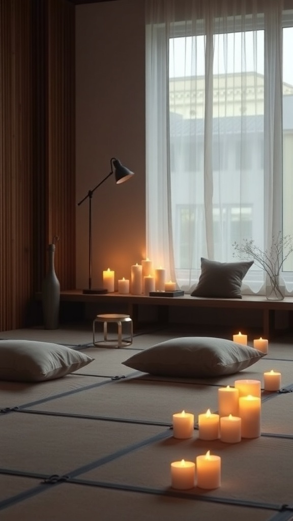 A serene meditation space with candles and cushions