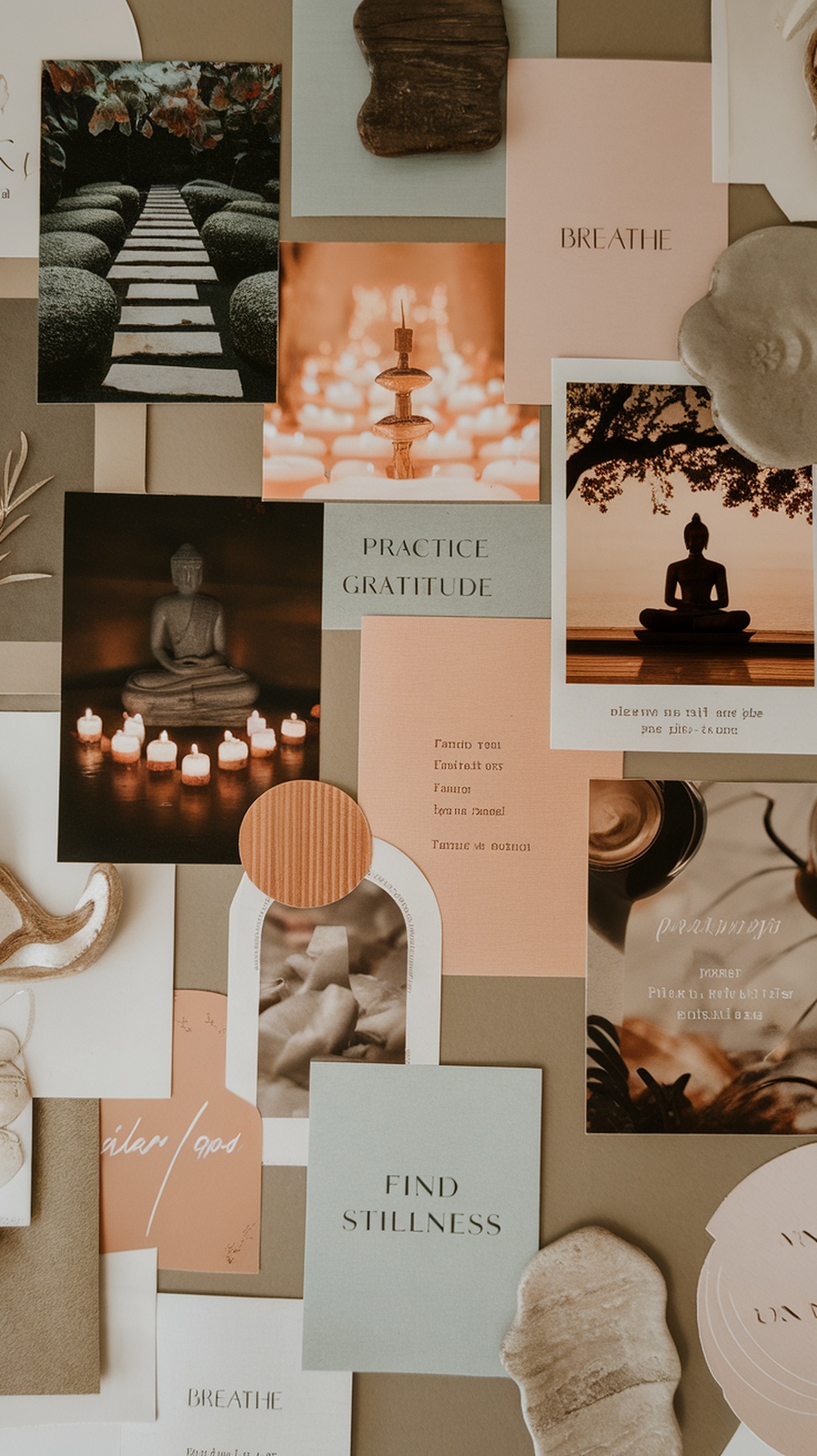 A vision board with calming images and affirmations related to mindfulness and self-care.