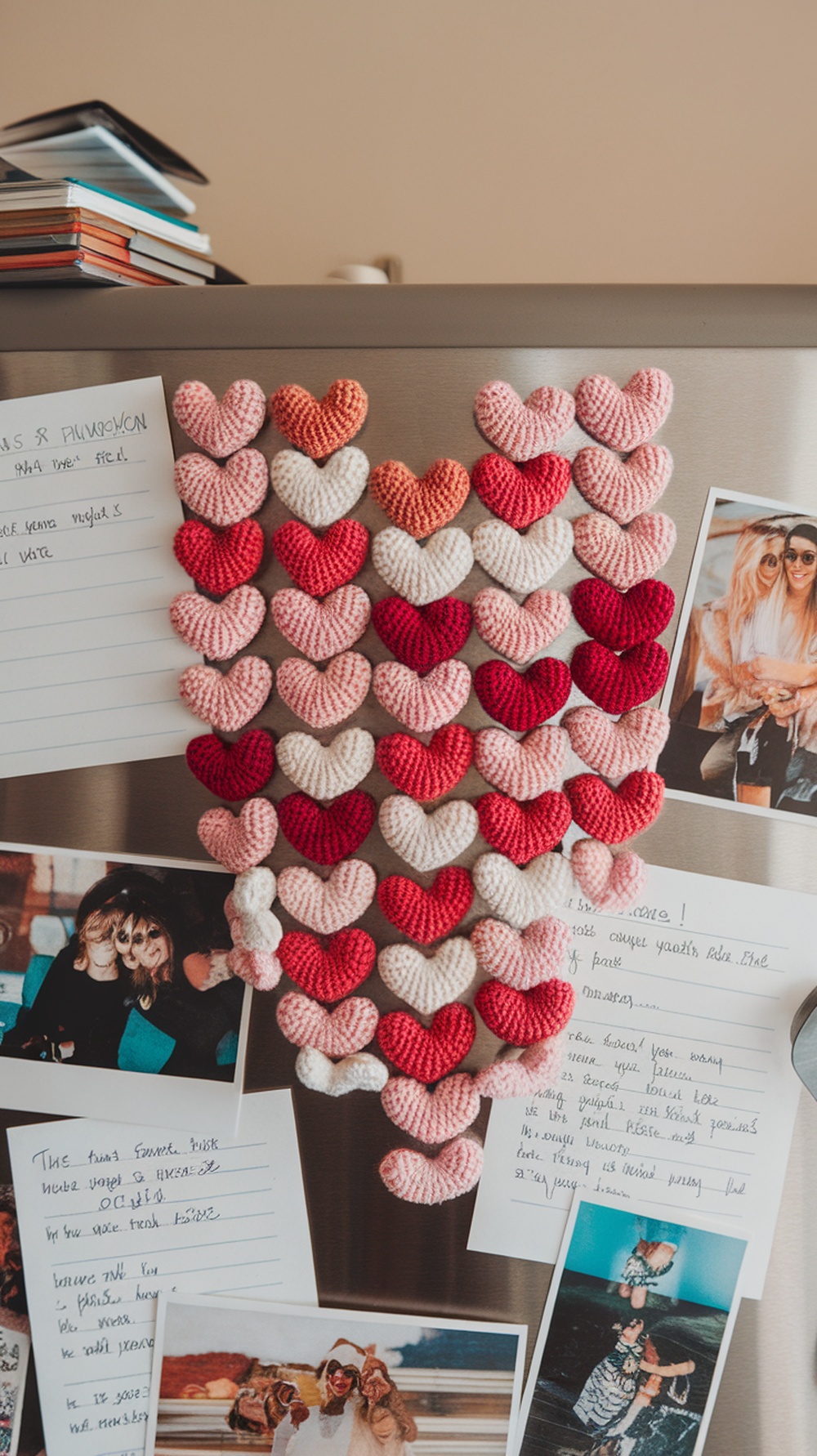 Colorful mini crochet heart magnets displayed on a fridge.
