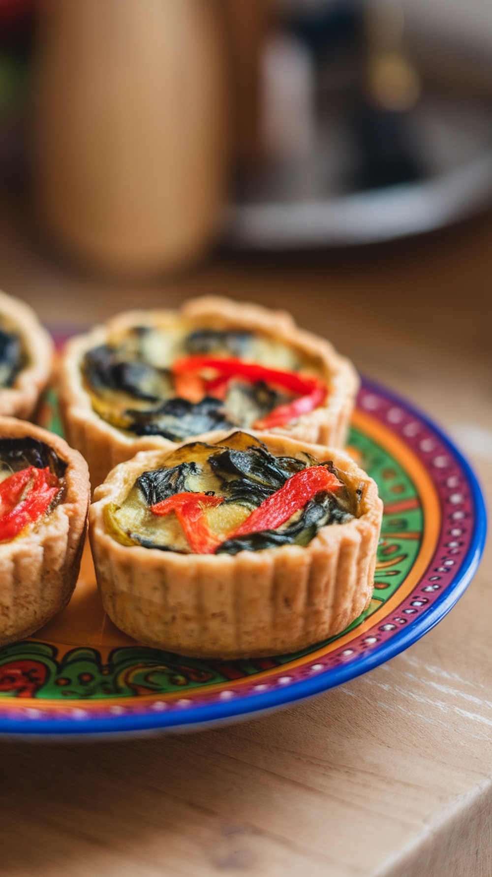 Mini quiches with spinach and red peppers on a colorful plate