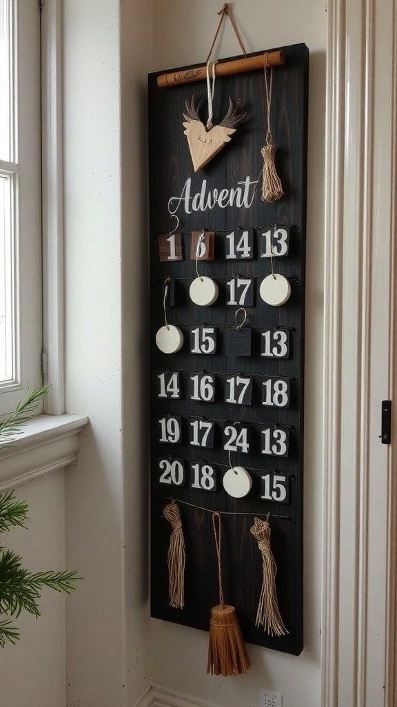 A minimalist advent calendar made of dark wood with white numbers, tassels, and a wooden heart.