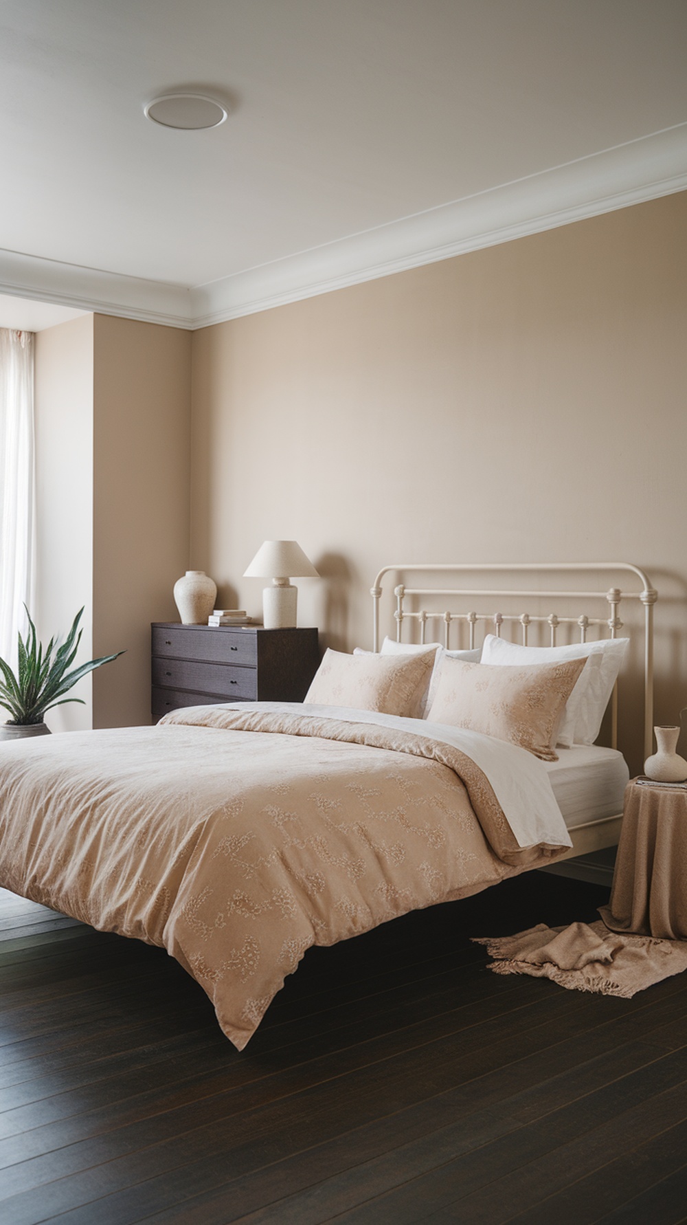 A minimalist bedroom featuring soft beige bedding, a metal bed frame, and wooden furniture.