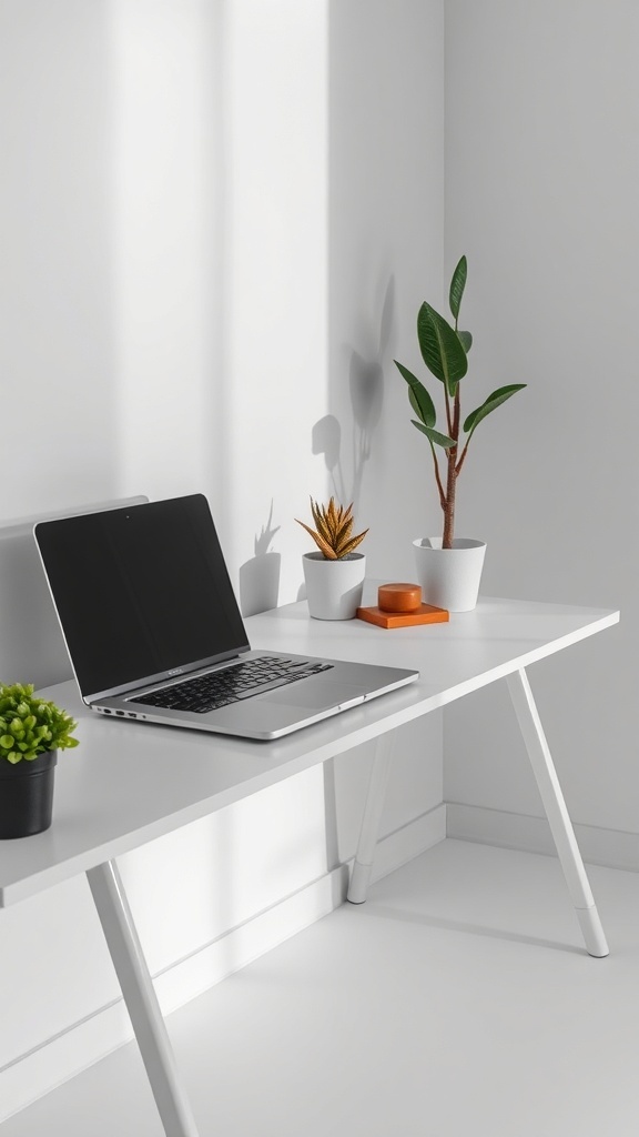 A minimalist desk setup featuring a white desk, a laptop, a notebook, a clock, and potted plants.
