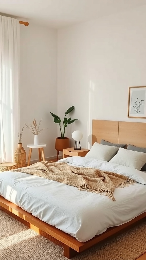 A minimalist Japandi bedroom featuring wooden furniture, soft linens, and a calming color palette.