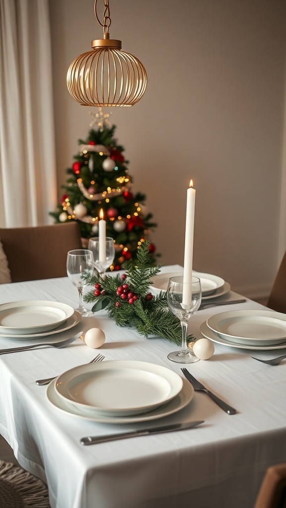 Minimalist Christmas table setting with white plates, a candle, and greenery, with a decorated Christmas tree in the background.